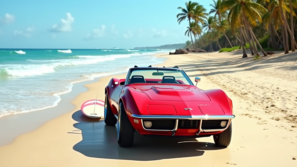 A picture of the following scene... a red 1969 Corvette Stingray convertible's front and driver's side, black interior,  with a sandy beach with blue waves of water, green palm trees in the background of the picture. The picture is then placed on a surfboard that is 3 times the length of the height.
