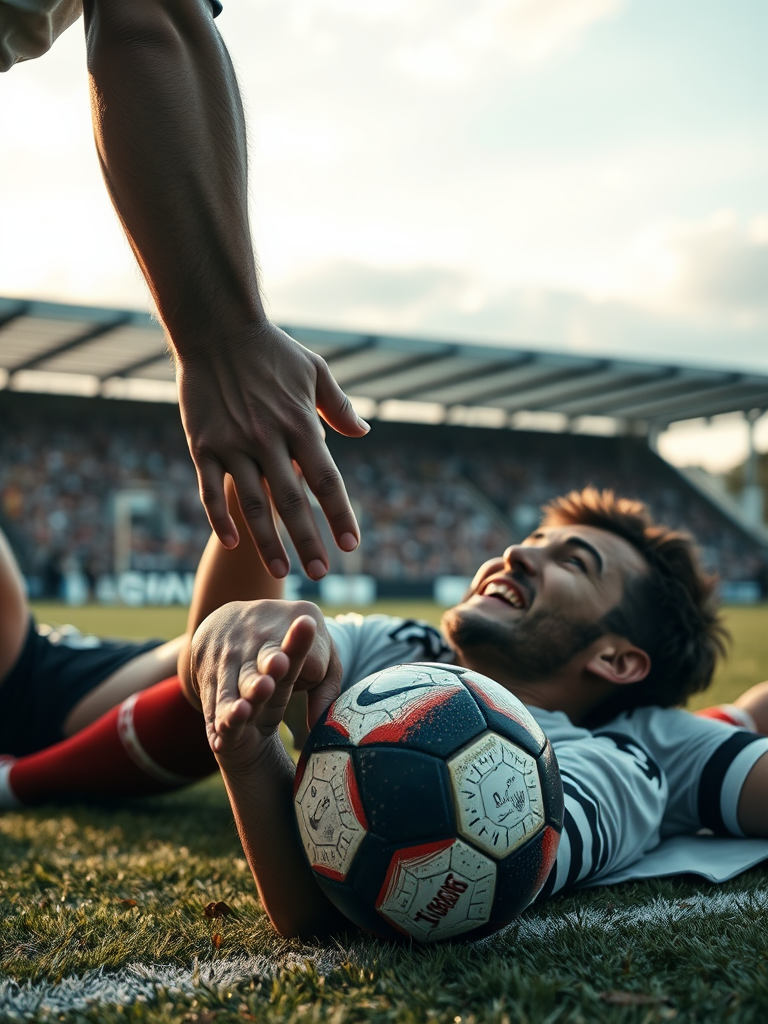 A cinematic close up of a happy soccer player reaching out his hand at another happy soccerplayer who is lying on the ground, ultrarealistic