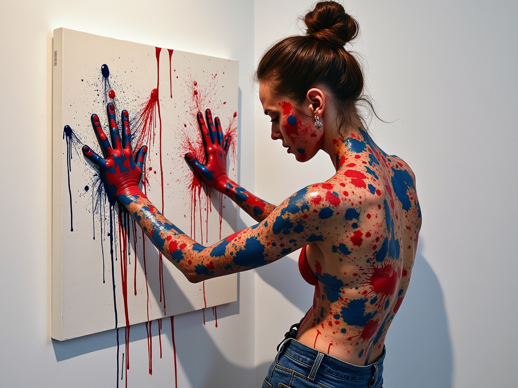 Artist generating painting by covering her whole body in paint and pressing on canvas, creating exact stamp of her body. 