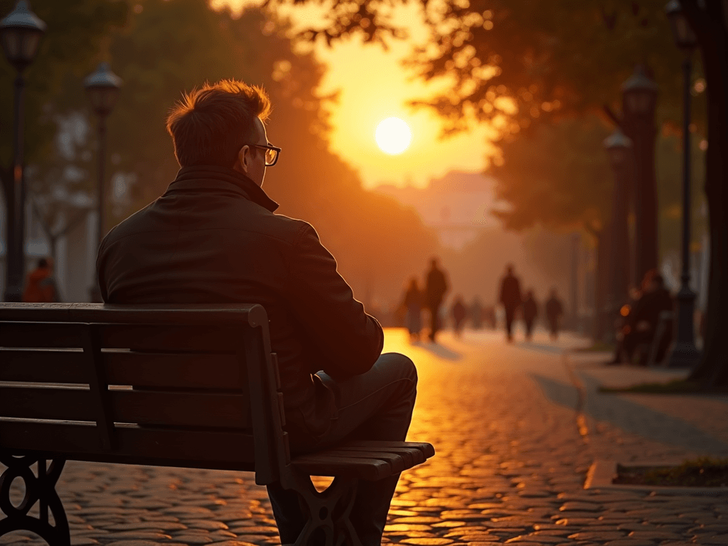 POV of a man sitting alone on a wooden park bench during sunset, looking at people in the distance, warm golden light casting long shadows, peaceful city square with trees and cobblestone path, emotional atmosphere, ultra realistic style, cinematic depth of field, detailed hands resting on knees