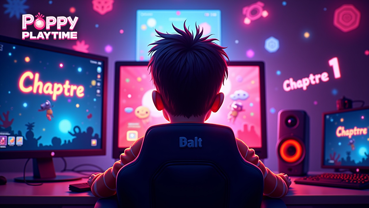 garçon de dos sur sa chaise gaming devant son bureau qui joue au jeu poppy playtime chapitre 1 sur son ordinateur gaming