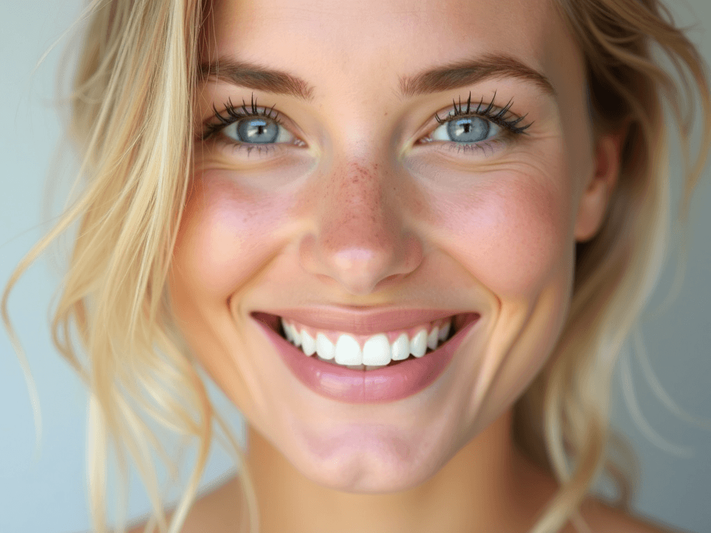 a hyper realistic closeup face portrait of a beautiful blue eyes perfect white teeth light freckled skin beautiful  full blonde hair neutral background perfect lighting vibrant colors perfect saturation stunning quality professional camera cristal clear 
copy
