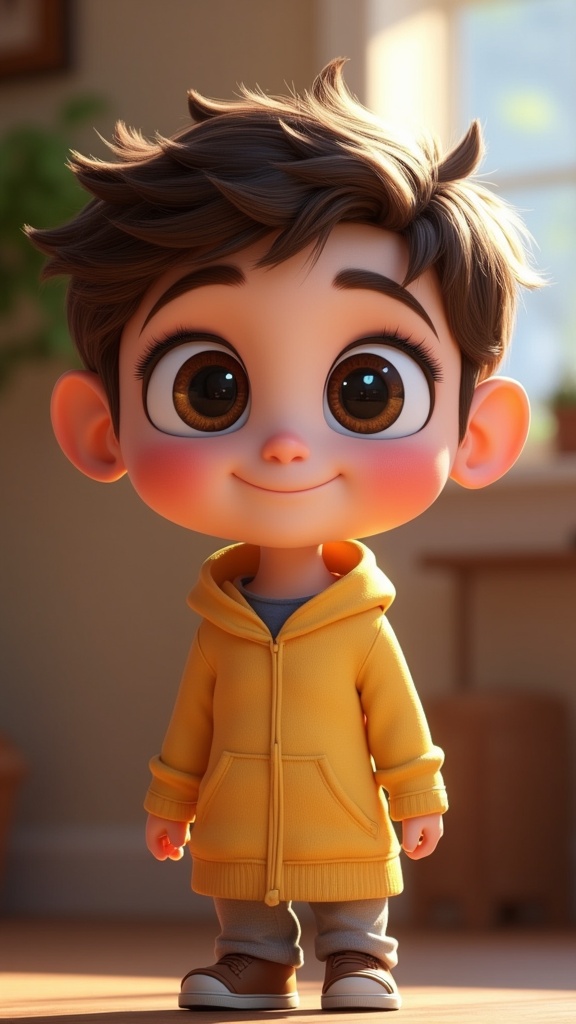 a cute character with big expressive eyes, disney pixar style
