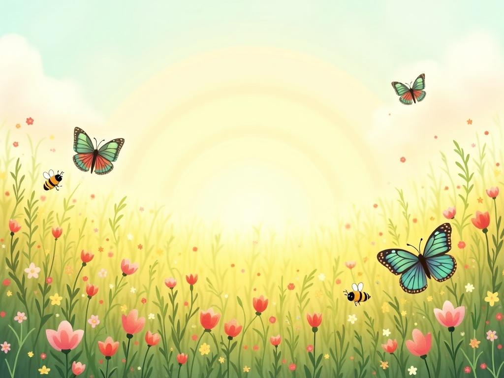 Children's book illustration style meadow, hand-drawn blooming field, friendly butterflies with detailed wings, busy bees collecting nectar, rainbow gradient sky, soft artistic rendering, warm and inviting colors, storybook landscape