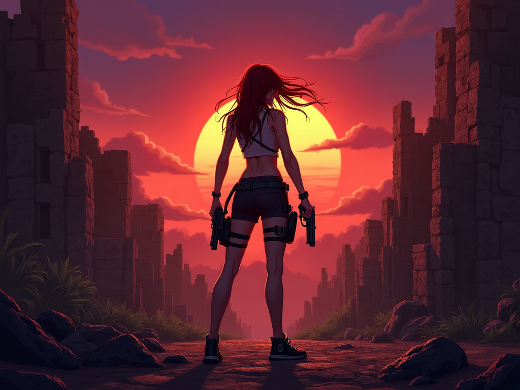 A young woman, Lara Croft-esque, with windswept auburn hair, determined expression, and dual pistols, stands amidst crumbling Mayan ruins at sunset, rendered in a vibrant, dynamic anime style;  sun bleeds across a bruised purple sky, casting long shadows across weathered stone, echoing classic action-adventure aesthetics, imbued with a sense of intrepid exploration and impending danger.
