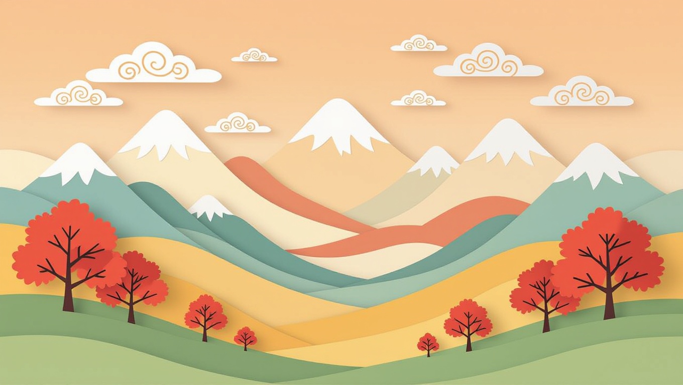  A serene landscape featuring layered paper-cut mountains with snowy peaks under a soft orange sky, adorned with stylized clouds. The foreground features rolling hills and several Japanese maple trees with vibrant red leaves, creating a peaceful and harmonious scene.", [Paper art, minimalist style], [Inspired by traditional Japanese art and the paper-cut techniques of Nahoko Kojima], [Warm, soft lighting to accentuate the paper textures, pastel color palette with orange, white, and red hues, shallow depth of field to focus on the layered effect, high-resolution rendering to capture the intricate details of the paper cuts, subtle shadows to enhance the depth and dimension of the scene