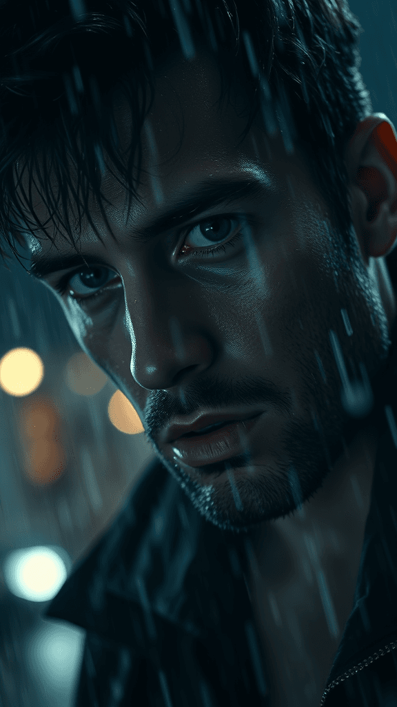 A cinematic ultra-realistic close-up of a man standing in heavy rain at night, his face wet with rain and tears. His eyes are filled with fear and uncertainty as thunder roars in the background. Dramatic lighting, high contrast, and deep emotion on his face. The scene feels overwhelming and intense