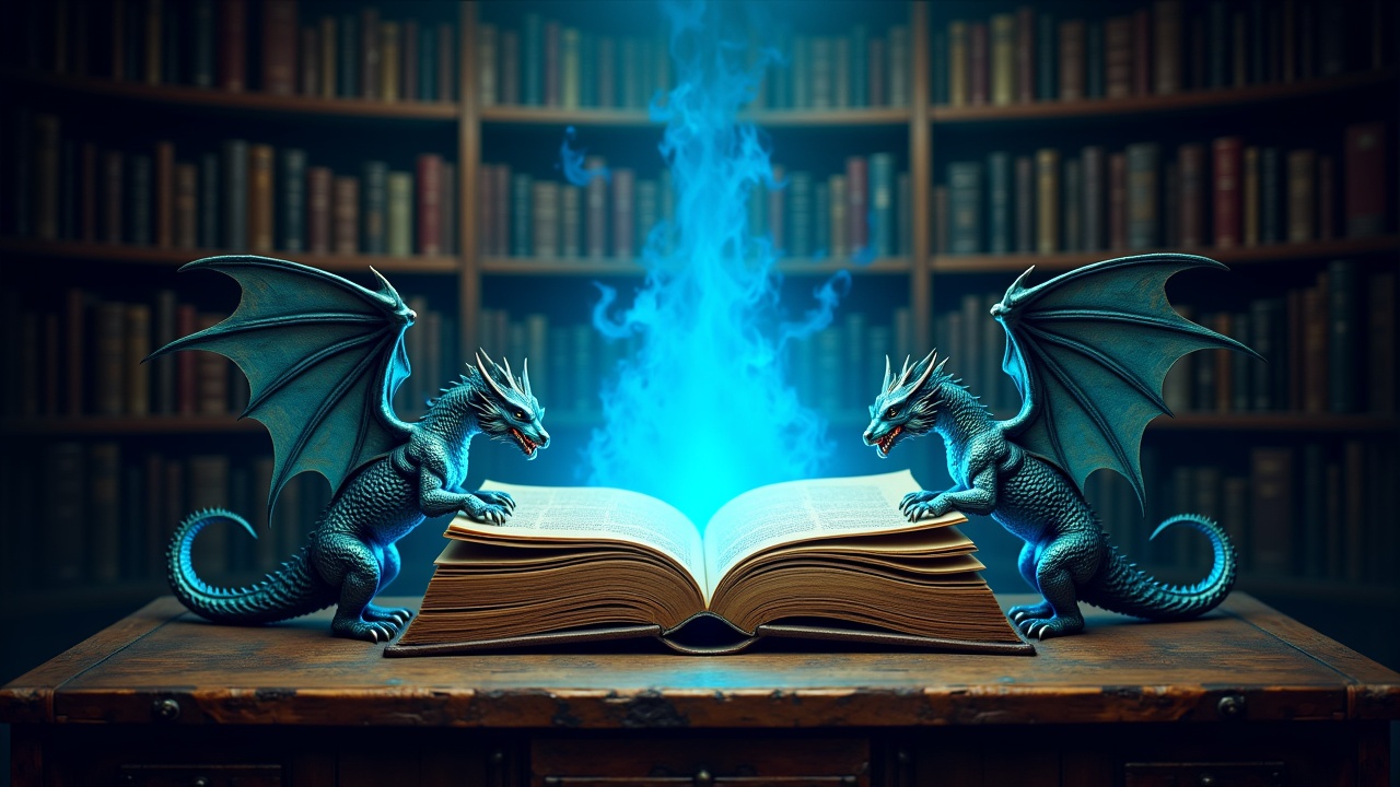 une miniature sans texte avec un livre ancien avec de la lumière bleu en sortant avec des dragons autour et cela se passe dans une bibliothèque