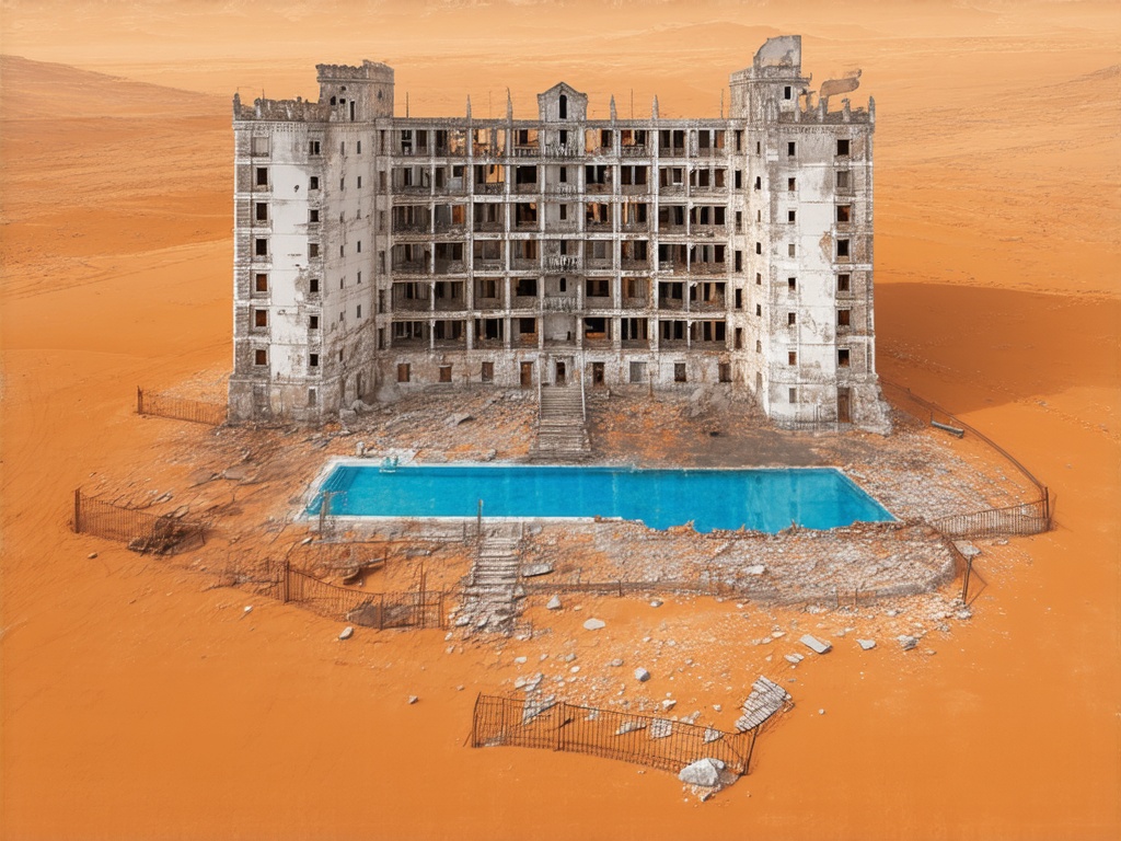 A high-resolution aerial view, in the style of a hyperrealistic painting, depicts a colossal, sail-shaped with sharp roof, 20-floored abandoned hotel of weathered white brick atop an immense orange sandstone plateau, its cracked facade and decaying balconies hinting at forgotten grandeur.  A broken, grey, empty swimming pool lies nearby, encircled by a rusty, partially collapsed fence.  The vast, undulating orange desert stretches to a clear blue horizon, evoking isolation and desolation.

