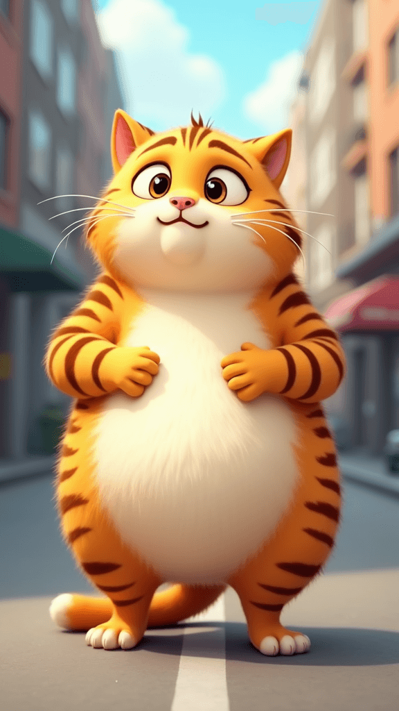 A chubby cartoon-style orange tabby cat with a large white belly and chest, standing upright on two legs in the middle of a city street. The cat looks confident and charismatic, with big round eyes, small upright ears, and soft fluffy fur with tiger-like stripes.