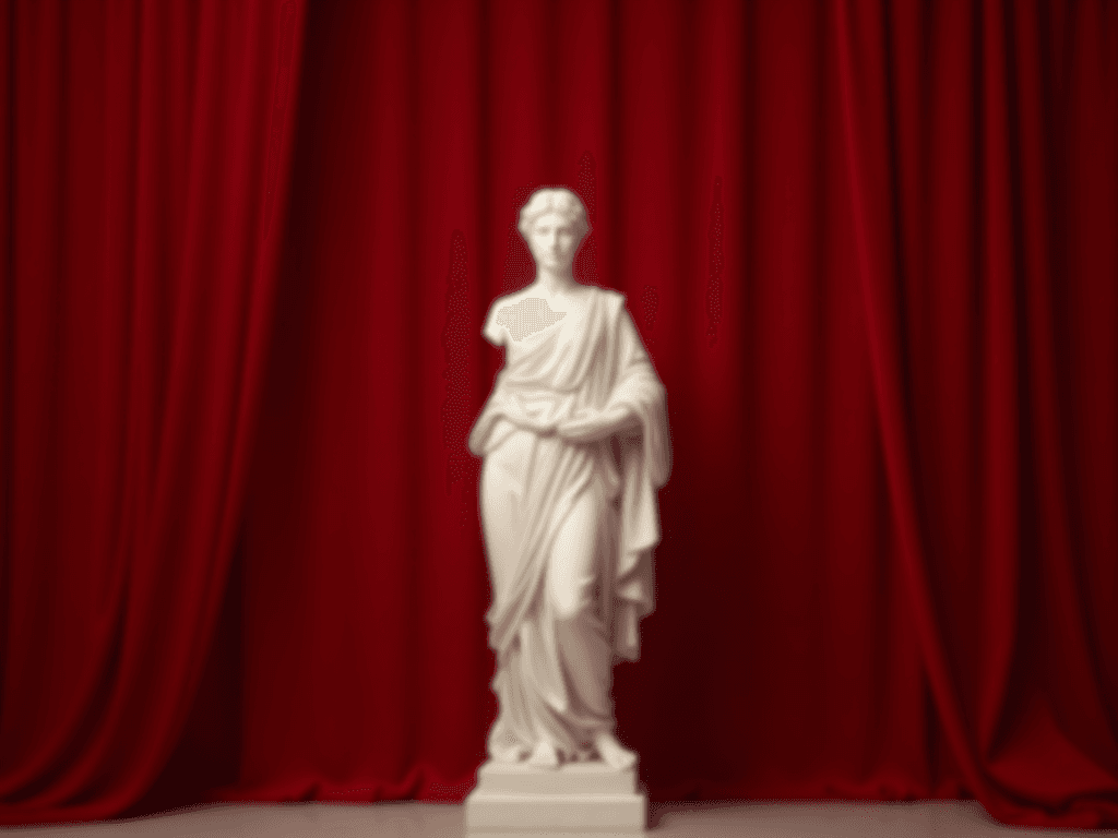 A rich red background featuring a classical white marble statue of the Greek goddess Athena at the center. Behind the statue, luxurious red velvet curtains hang softly, adding a dramatic and elegant touch. Soft lighting from above highlights the details of the statue and the flowing texture of the curtains.