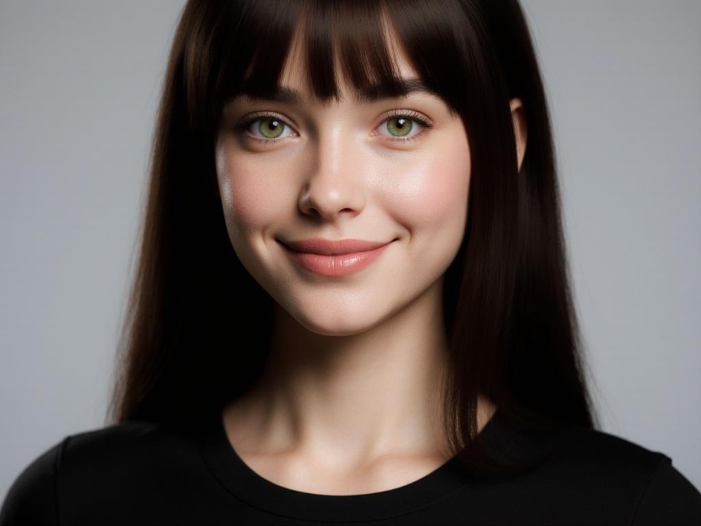 A 25-year-old woman with a natural smile. She has a feminine, slender body with natural curves, long, straight dark brown hair with bangs, almond-shaped light green eyes, defined natural eyebrows, and full, pink lips. Her skin is photorealistic, creating a realistic texture. The lighting is soft and natural, highlighting skin details without harsh reflections. She wears natural makeup that realistically enhances her features, without artificial makeup or softeners. She is wearing a fitted black T-shirt and jeans.