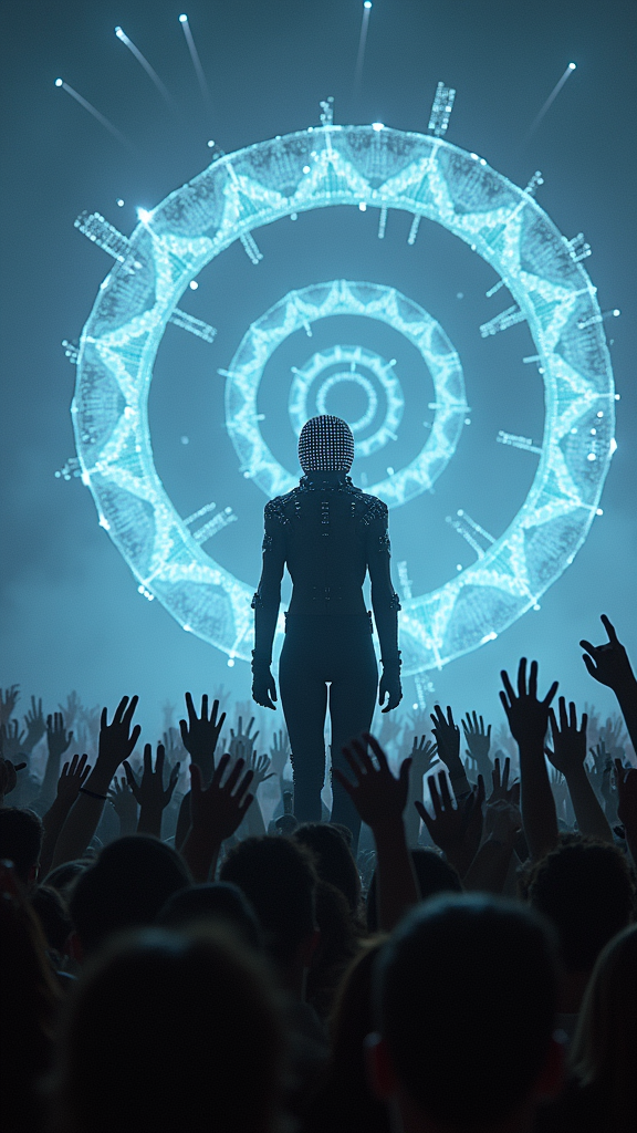 Stage as a shattered-screen altar. Artist in circuit-leather hybrid gear, face hidden by a diode-covered helmet. Crowd in AR glasses reaching toward a holographic totem. Background — floating digital runes. 
