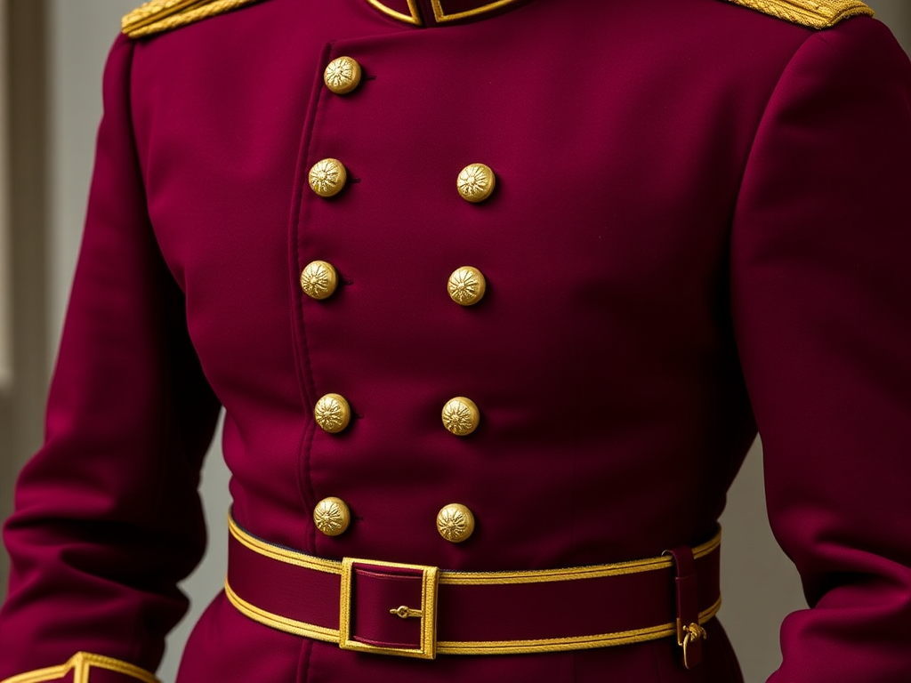 A meticulously tailored men's Russian hussar tunic, classic cut, in deep Bordeaux with gold accents, evokes bold classic military aesthetics.  Modern materials blend seamlessly with the rich history of Guards parade uniforms;  minimalistic design emphasizes functionality and a striking wow-effect.  Gold embroidery, buttons, and jewelry add subtle opulence, inspired by Milan's high fashion, creating a powerful, recognizable uniform.
