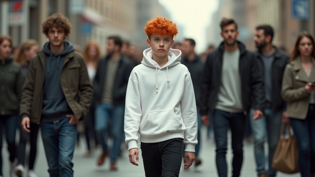   A photorealistic image of a teenage 17 years old boy with striking red hair and sparkling green eyes walking alone down a crowded urban street. He wears a clean white hoodie and fitted black jeans, contrasting with the dull, muted clothing of the crowd around him. The people passing by all move in the same direction, their faces expressionless, eyes blank, dressed in shades of gray and beige. The boy’s vivid appearance draws subtle stares, but he walks confidently, standing out like a burst of color in a washed-out world. The lighting is natural, with soft shadows and a slightly overcast sky, enhancing the realistic details of the scene—textures of clothing, city pavement, and the unique glow in the boy’s eyes.