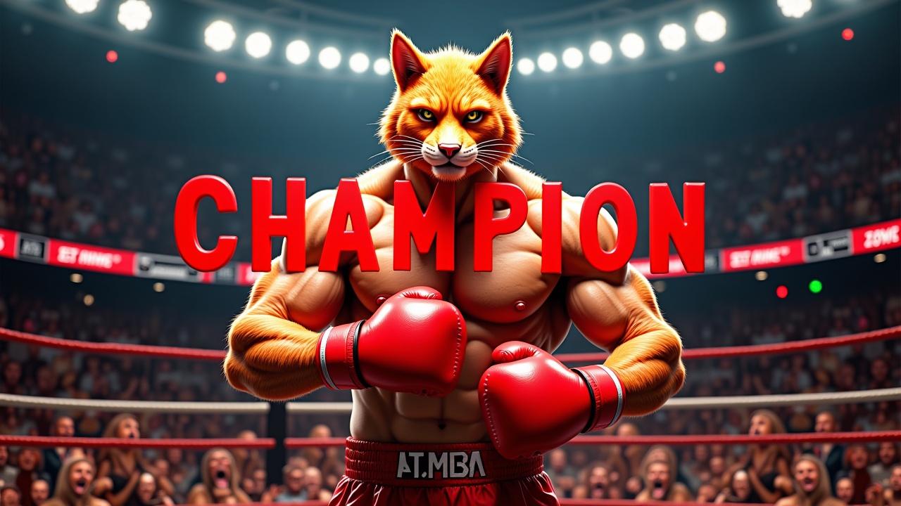 A highly realistic 8K thumbnail shot designed for a YouTube video, featuring the same muscular humanoid character with a realistic orange cat face and matching fur tone, wearing bright red boxing gloves and red shorts. The character stands in the center of a professional wrestling ring, under intense arena lights, with a roaring crowd in the background holding signs and cheering. The camera angle is dynamic and close-up, focusing on the character’s powerful upper body and confident expression, with dramatic shadows and vibrant colors to create an eye-catching, high-impact thumbnail look.