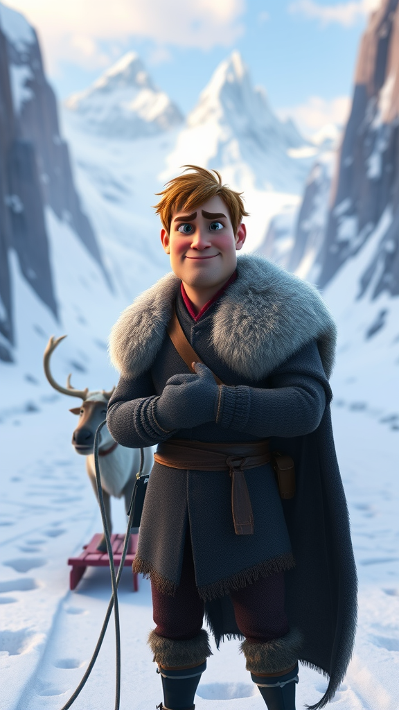 A 3D Pixar-style scene of Kristoff from Frozen. He is standing in a snowy mountain pass, holding the reins of a sled with Sven the reindeer in the background. His expression is a mix of determination and mild confusion, as he shrugs slightly while looking at Elsa and Anna. The environment is rugged and icy, with snow-covered peaks rising in the distance