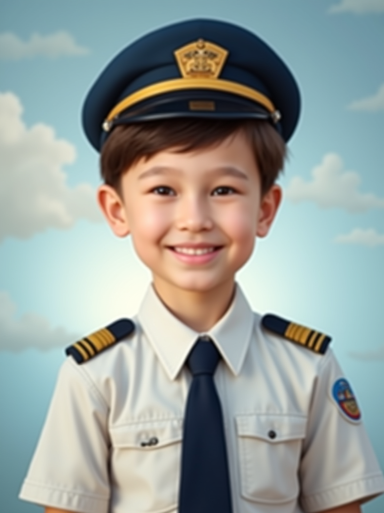 Make this child an adult, 30 years old, an airplane pilot, add an airplane background, a pilot's uniform.