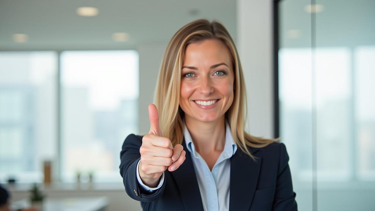 A professional business person with a lean finger grip gesture, symmetrical face, and natural body pose. The background is a clean, commercial-safe office environment with no visible logos or brand markings. The lighting is bright and balanced to highlight a confident and approachable demeanor, suitable for a corporate or entrepreneurial video thumbnail.