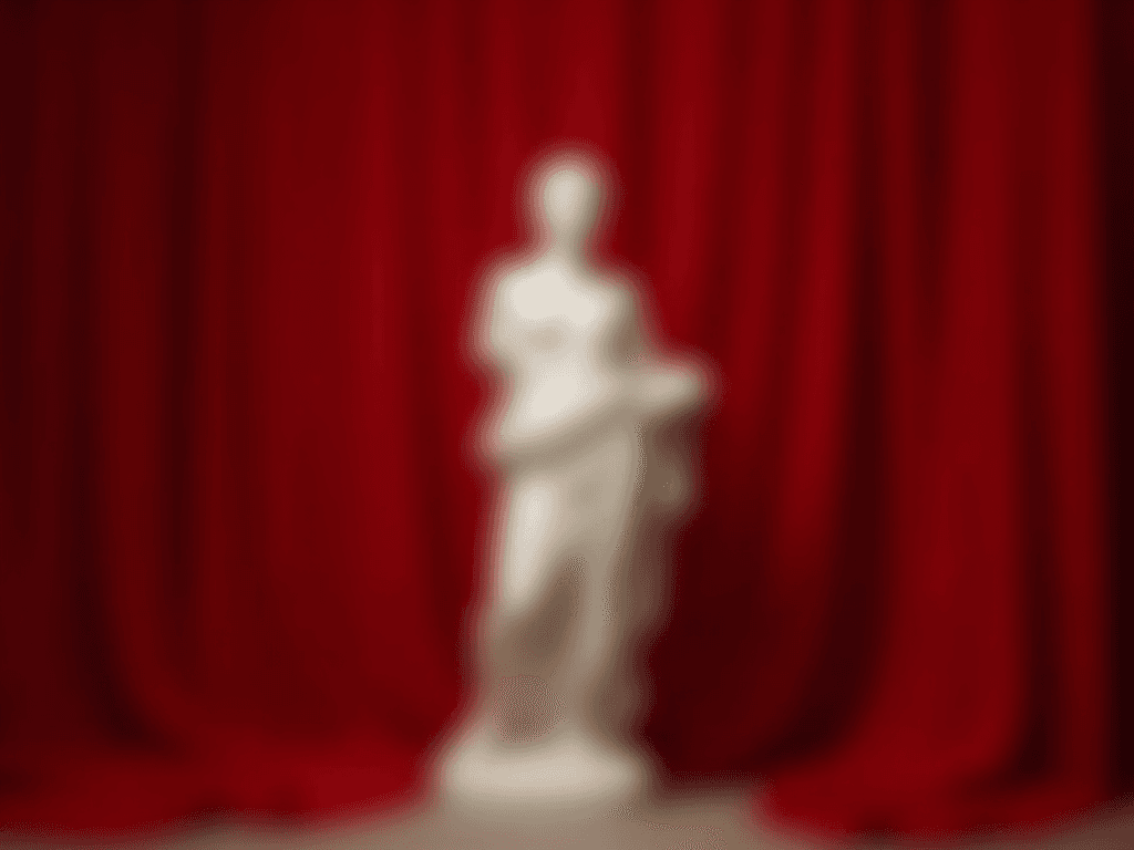A rich red background featuring a classical white marble statue of the Greek goddess Athena at the center. Behind the statue, luxurious red velvet curtains hang softly, adding a dramatic and elegant touch. Soft lighting from above highlights the details of the statue and the flowing texture of the curtains.