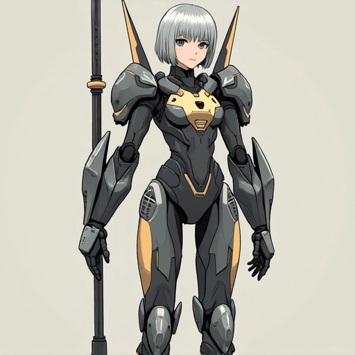 anime style image full body long distance cyborg mech pilot body suit woman haven trooper mgs4 style short silver hair holding a futuristic great spear metal plate style with gray black beige color scheme
