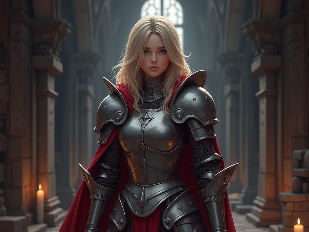 In anime style, create a beautiful female Templar wearing plate armor visible from the knees up in a dungeon