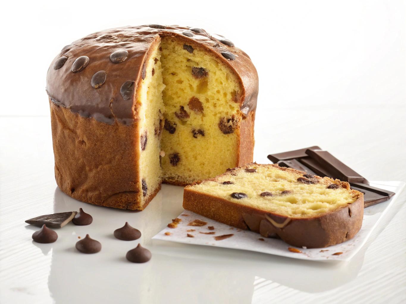A realistic, high-resolution image of a sliced panettone with melted chocolate, placed on a glossy white surface with a soft reflection. The panettone has a golden-brown crust and a rich, yellow, fluffy interior dotted generously with melted chocolate chips. Lighting is bright and studio-style, emphasizing texture and detail. The background is clean and minimal to highlight the product.