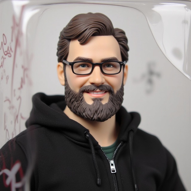 A highly detailed, realistic action figure of a cheerful bearded man with glasses, medium-short hair, and a kind smile. He is wearing a black hoodie and dark green t-shirt. The action figure is displayed inside a stylish transparent blister box with bold, modern graphics and a creative artist theme.