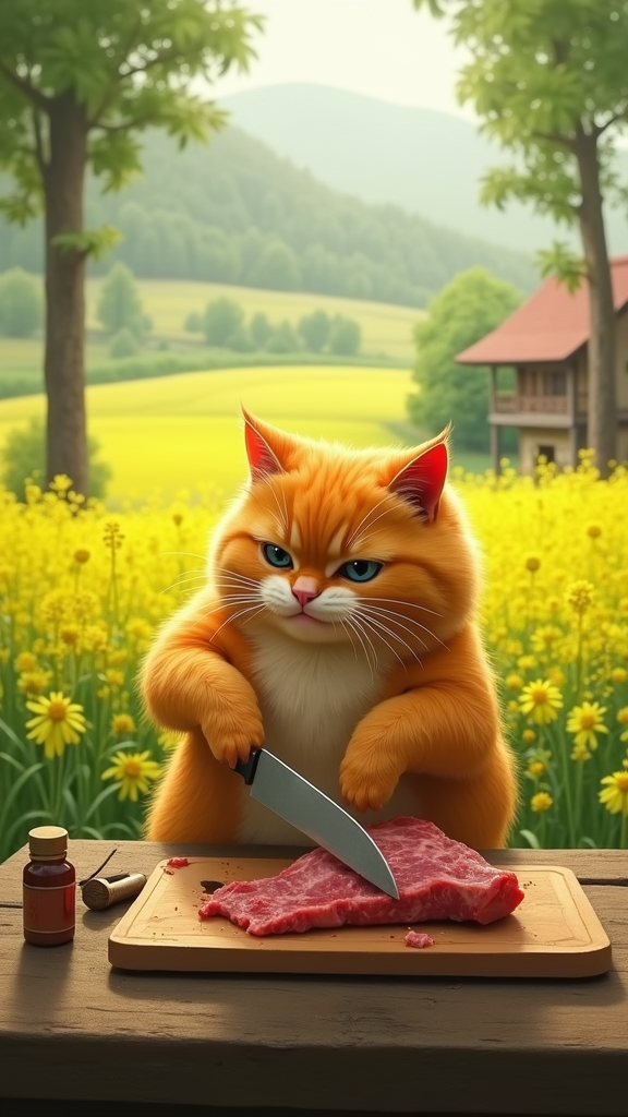 A fluffy orange-yellow cat, chubby and human-like in posture and expressions, The cat is chopping meat with a tiny knife on a cutting board, the background features a lush green field of mustard greens under soft sunlight, with a traditional countryside house in the distance, tall trees casting gentle shadows, surreal art style.

