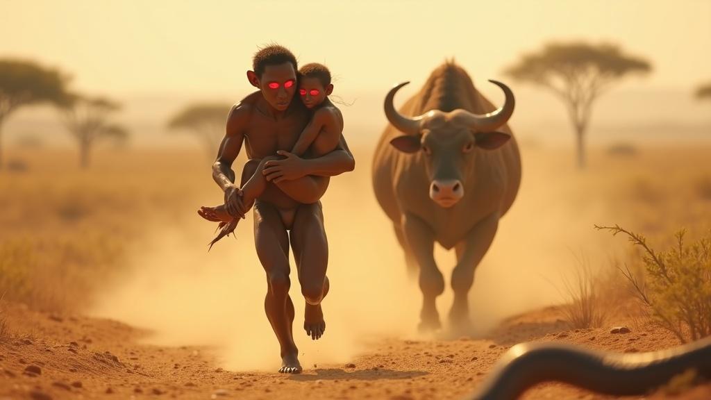 "Generate an image of two early human-like creatures (resembling Australopithecus or similar ancestors) running through a savannah landscape. The male creature is carrying the female in his arms. In the background, a bull with glowing red eyes is charging towards them. A snake is hissing in the foreground to their right. The scene has a warm, dusty tone with acacia trees scattered in the background."
