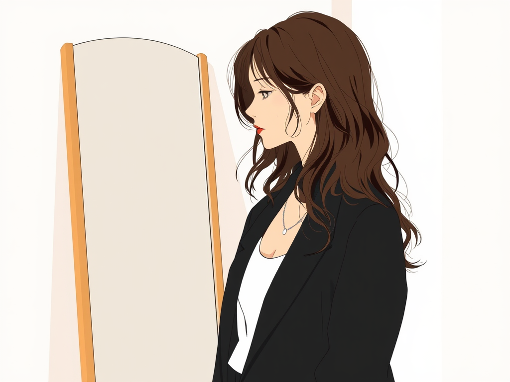 A minimalist depiction, in the style of a modern Japanese woodblock print, shows a girl with chocolate-brown, wavy hair, a delicate silver necklace, a crisp white top, and a tailored black blazer, standing sideways before a reflective, subtly warped mirror.  Soft, muted shapes suggest a cozy, sparsely furnished room, bathed in the warm glow of late afternoon sun, evoking a feeling of quiet contemplation.
