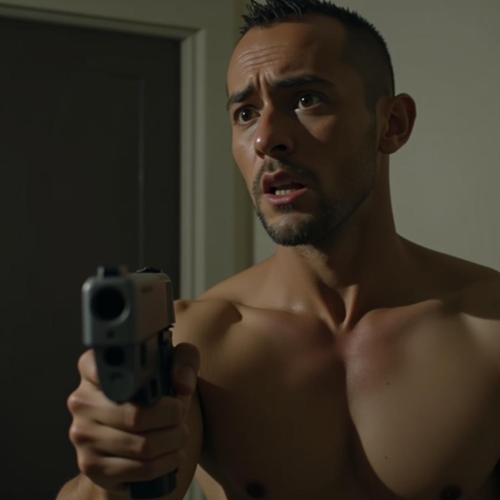 cinematic camera angle,the character is shirtless holding a gun and has a scared expression on his face