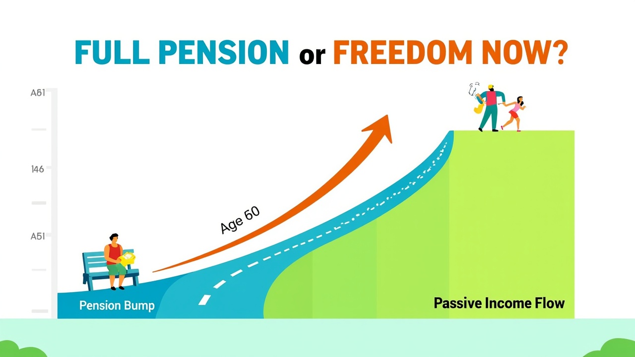 Text: FULL PENSION or FREEDOM NOW? 

create A chart showing two paths diverging—one ends at 60 with a “pension bump,” the other begins at 55 with passive income flow