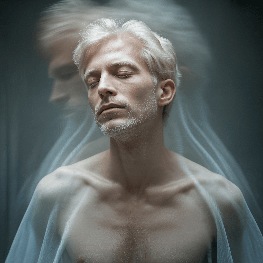 Portrait of an ethereal, translucent man, appearing like a ghost, with his eyes closed. Soft, glowing edges, pale tones, slightly faded form blending into the background, serene expression, dreamlike and mystical atmosphere, high detail, moody lighting.