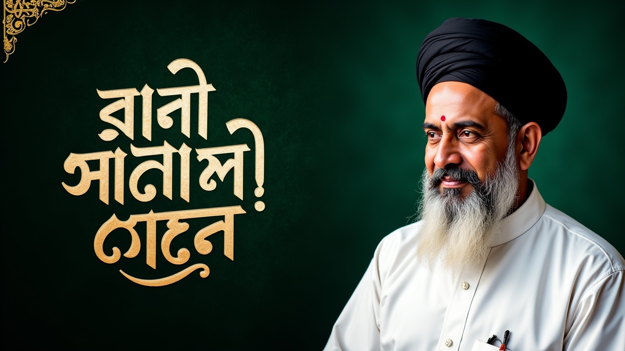 Create a 16:9 thumbnail for an Islamic lecture series featuring Maulana S. M. Rakibul Hasan, a South Asian Muslim scholar wearing white attire and black turban, shown on the right side of the image. The background should be dark green with golden Islamic patterns and soft textures. On the left side, include bold and elegant Bengali text in white and gold. Text to include:

🔹 'মানব সৃষ্টির উদ্দেশ্য'
🔹 'আর মুসলিমদের জাহান্নামের পথ!'
🔹 'প্রথম পর্ব'
🔹 'মাওলানা এস. এম. রাকিবুল হাসান'

Use clear, readable Bengali fonts. Make the design dramatic yet respectful, fitting for a Qur'an-based Islamic lecture on YouTube