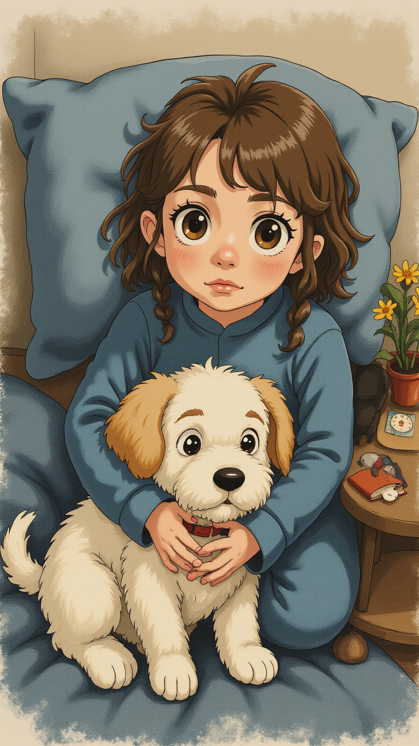 a cute character with big expressive eyes, disney pixar style
Sleepy girl and dog