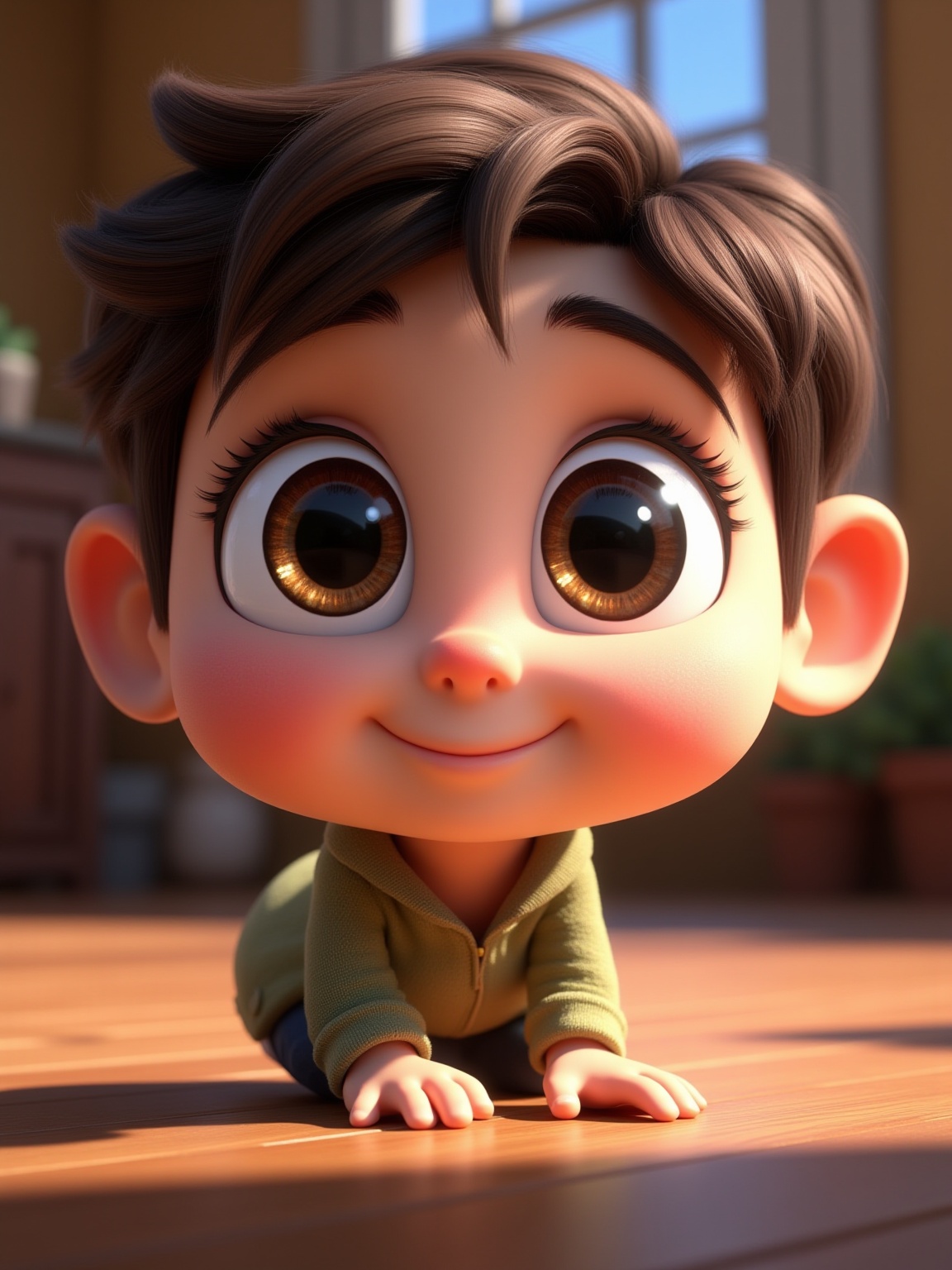 a cute character with big expressive eyes, disney pixar style