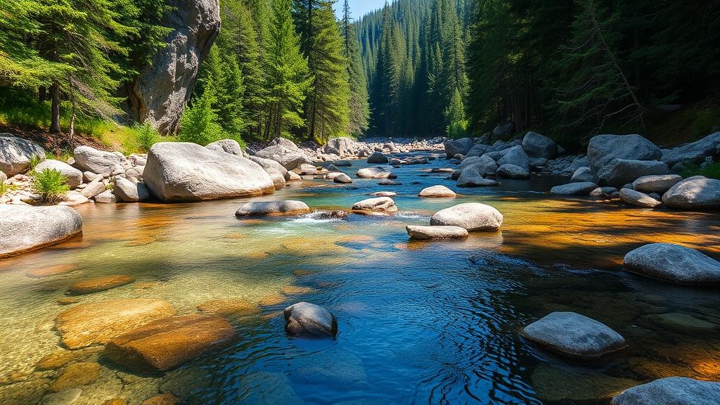 IMG_14 Shallow mountain stream with crystal clear water and smooth rocks, surrounded by dense European forest, natural daylight, ultra realistic 8K.