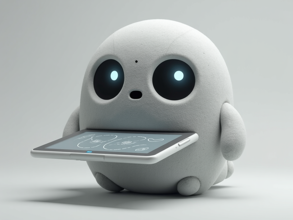 a high-detail product photo of a two-part companion robot.  The main unit is a large, organic, pebble-shaped head covered in a soft, light gray felt fabric.  It has two separate, glowing oval eye-screens.  A small camera module is centered above the eyes.  Docked into its front is a detachable handheld electronic drawing pad, which has its own lit-up rectangular screen.  