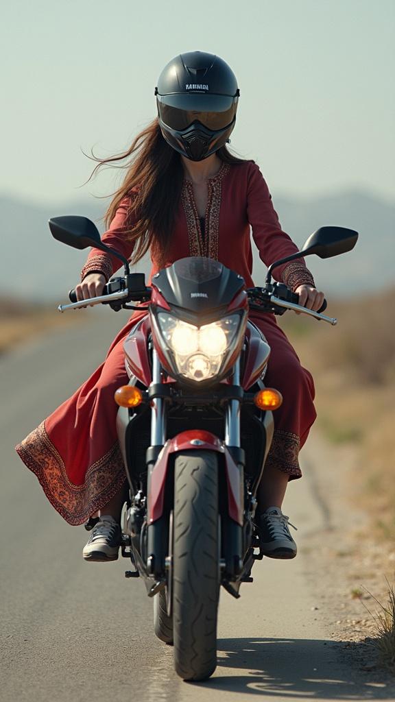 The woman with size M , woman ride a motorcycle yamaha wr155 , she riding motorcycles do wheelie , woman have Iranian dress