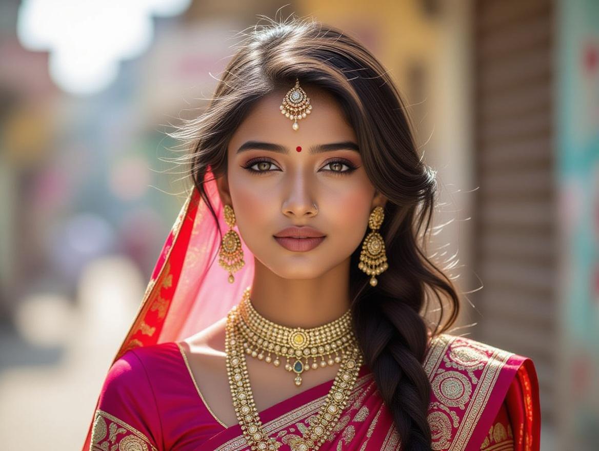 An 18-year-old Bangladeshi girl, radiant in a vibrant silk sari, poses for a hyperrealistic fashion magazine spread;  sun-drenched Dhaka street background, intricate jewelry,  expressive eyes conveying both confidence and vulnerability,  a captivating blend of traditional and modern aesthetics.
