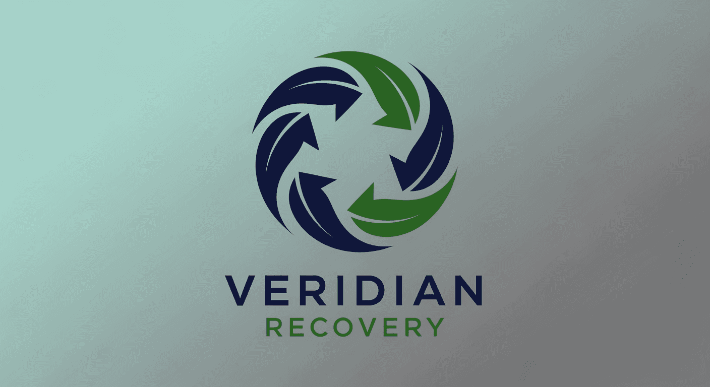 A modern logo design featuring a stylized recycling symbol formed from intertwined leaves in shades of navy blue and forest green. The leaves spiral inwards, creating a circular shape with a subtle sense of motion, symbolizing continuous resource recovery. Below the symbol, the company name appears in a clean, sans-serif font reading "VERIDIAN RECOVERY" in dark navy blue. The background is a gradient transitioning from light teal to a muted grey, conveying both environmental consciousness and professional reliability.