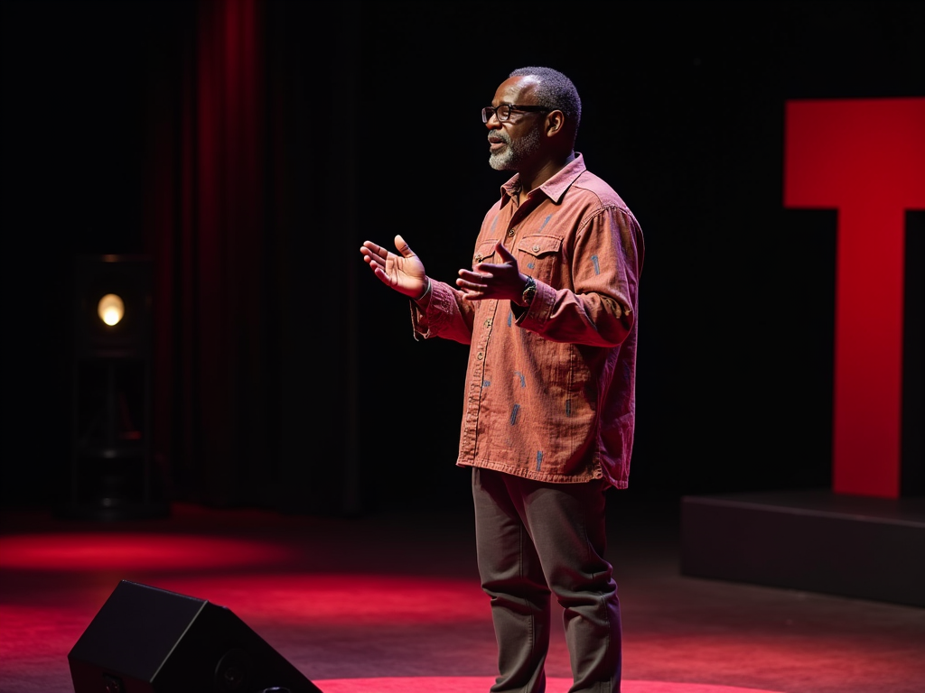 African raster man speaking at TedEx on a stage 