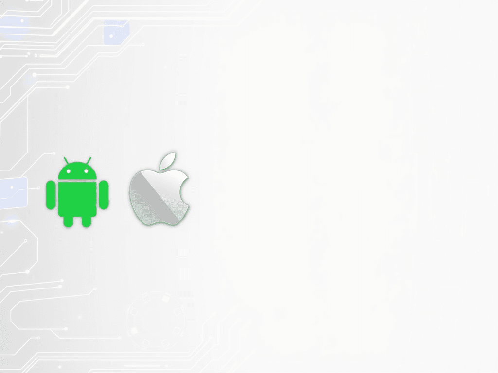 A modern and sleek technological background featuring the logos of Android, iOS, and macOS. The Android logo in green, the iOS logo (Apple logo) in silver, and the macOS logo in a clean white style. Place the three logos evenly spaced on the left side of the image. The background should have a high-tech feel with glowing lines, abstract circuits, and a light gradient (white, light gray, and soft blue tones). Maintain a futuristic digital atmosphere with subtle lighting effects. Leave the right side of the image mostly empty or softly blurred to allow space for text like a title and team members.