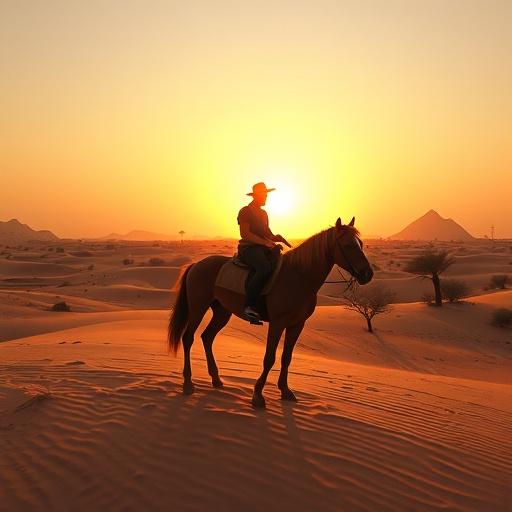 man-on-horse-in-desert-behind-oasis-at-sunset-83kckaxqzz