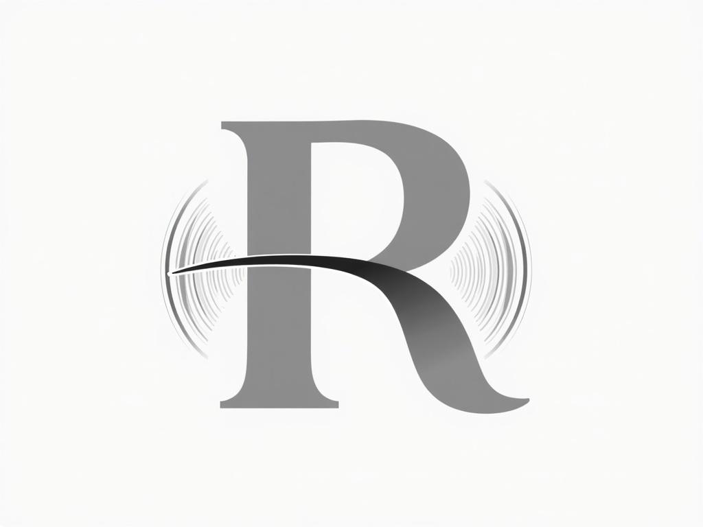 make me a logo that is an "R", but remove the vertical line in the "R" that is shaped like "I". Then, add two arcs that radiate off the arc on the "R" like sound waves. Make them parallel to the arc in the "R". on the two additional arcs, ensure they are horizontally level with the uppermost portion of the "R", but extend down close to the "\" shaped portion of the "R".