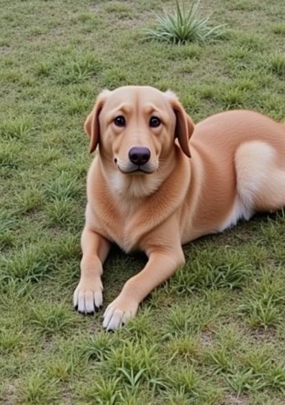 Create a Disney–Pixar style character inspired by the dog in the attached photo. It’s a large, friendly dog with sandy-reddish fur and a lighter belly and chest. The dog has short fur, floppy ears, and a calm, warm expression. The character should look lovable, with slightly rounded features and a gentle facial expression, capturing the charm of a sweet family pet. Graphic style: classic Pixar – soft lighting, clear outlines, large expressive eyes, and a magical cartoon feel.