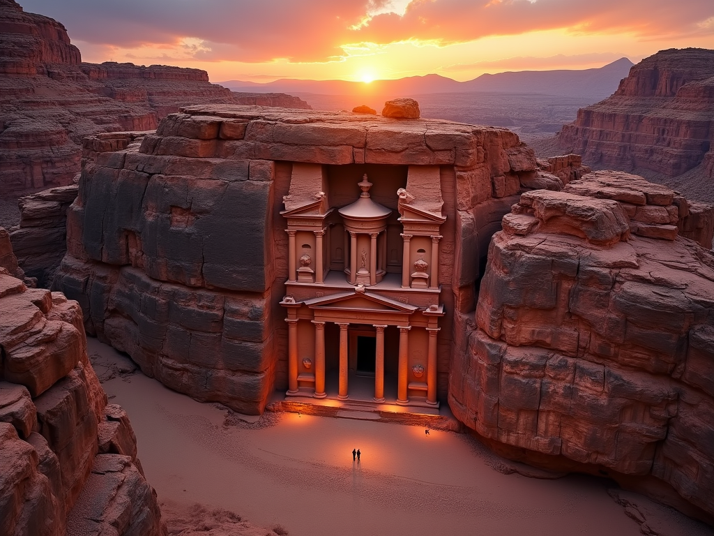 Dramatic aerial view of Petra Treasury at dawn