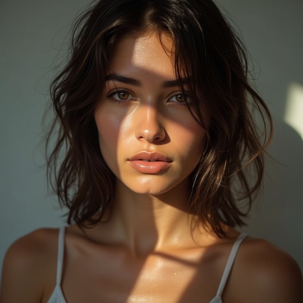 a portrait of a young woman with natural lighting, realistic style