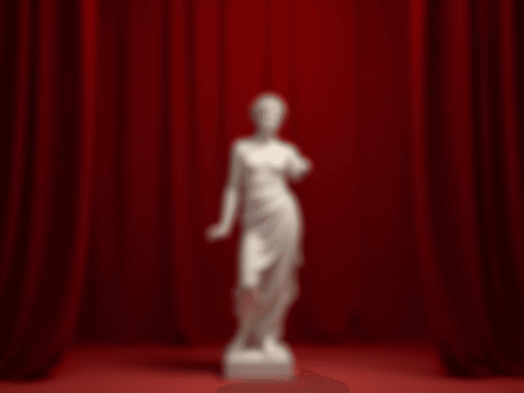 A rich red background featuring a classical white marble statue of the Greek goddess Athena at the center. Behind the statue, luxurious red velvet curtains hang softly, adding a dramatic and elegant touch. Soft lighting from above highlights the details of the statue and the flowing texture of the curtains.